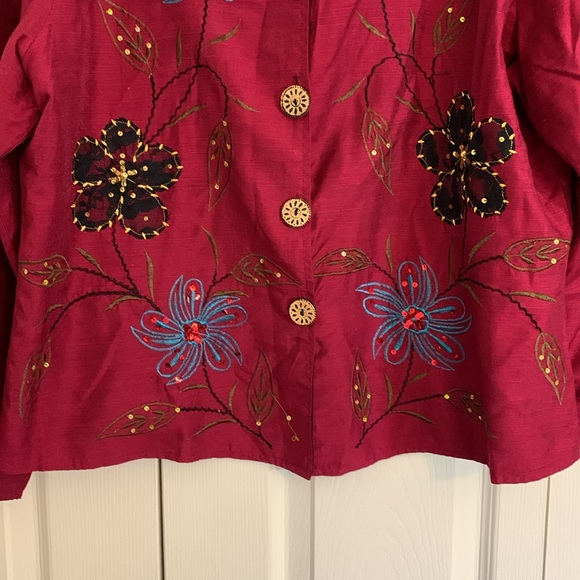 Embroidered Jacket Women’s 1X Button Down Mandarin Collar Berry.   K1 - Picture 3 of 11